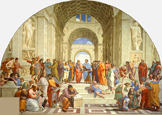 Raffaels Schule von Athen mit den idealisierten Darstellungen der Gründerväter der abendländischen Philosophie. Obwohl seit Platon vor allem eine Sache der schriftlichen Abhandlung, ist das angeregte Gespräch bis heute ein wichtiger Bestandteil des philosophischen Lebens.
